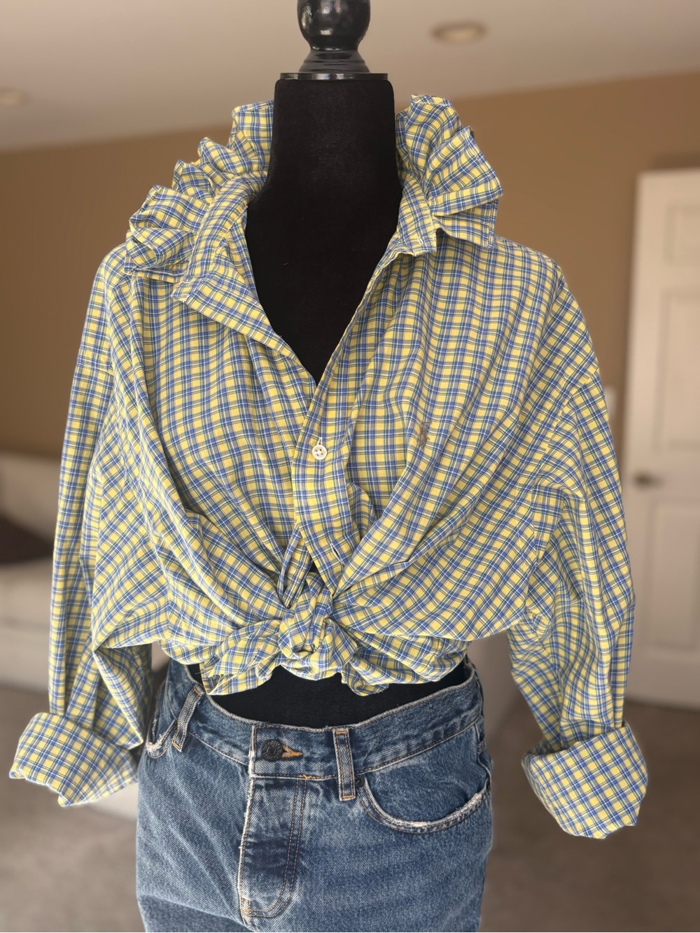 Reworked Ralph LYellow & Blue Plaid Men's Button-Up Shirt